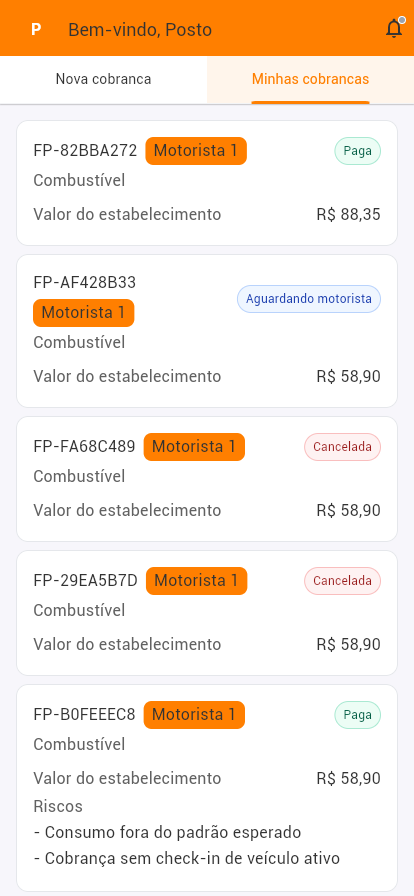 Histórico das cobranças emitidas pelo posto, com o status de cada uma (aguardando, aprovada, paga).