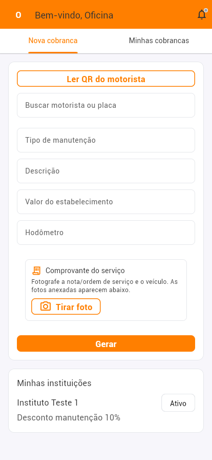 A oficina segue a mesma lógica do posto — registra o serviço com valor e foto, e a cobrança entra no controle da frota.