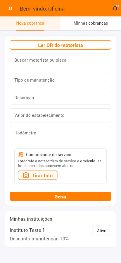 Registro da manutenção: tipo, descrição, valor e fotos do serviço com data e localização — auditável como qualquer despesa.