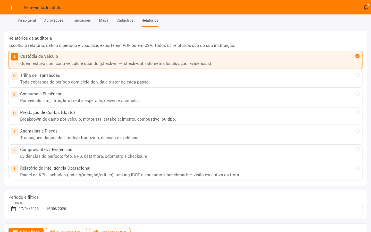 Dossiê de custódia: quem esteve com cada veículo e quando — check-in, medidor, localização e evidências.